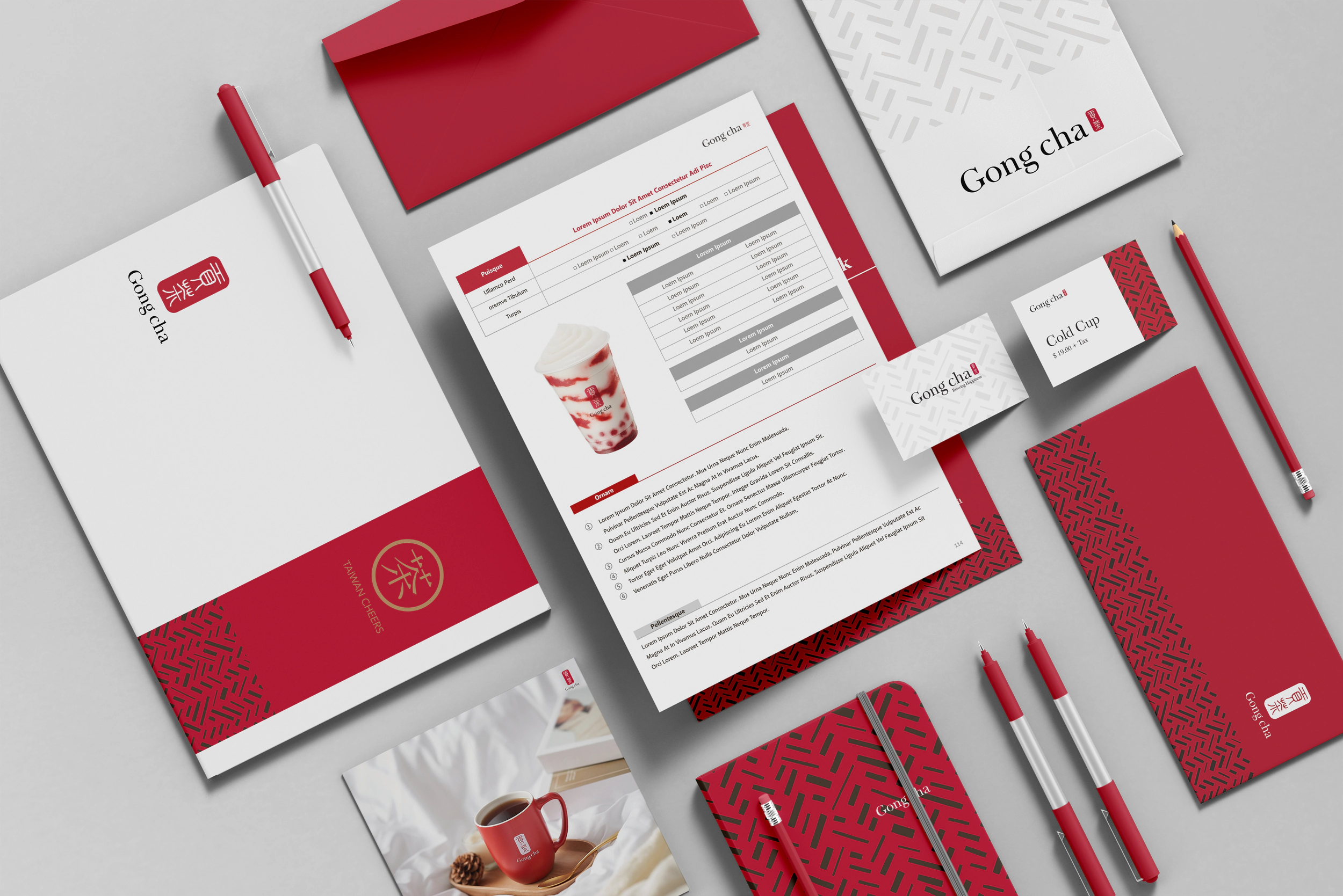 Full brand stationery suite in Tea Red