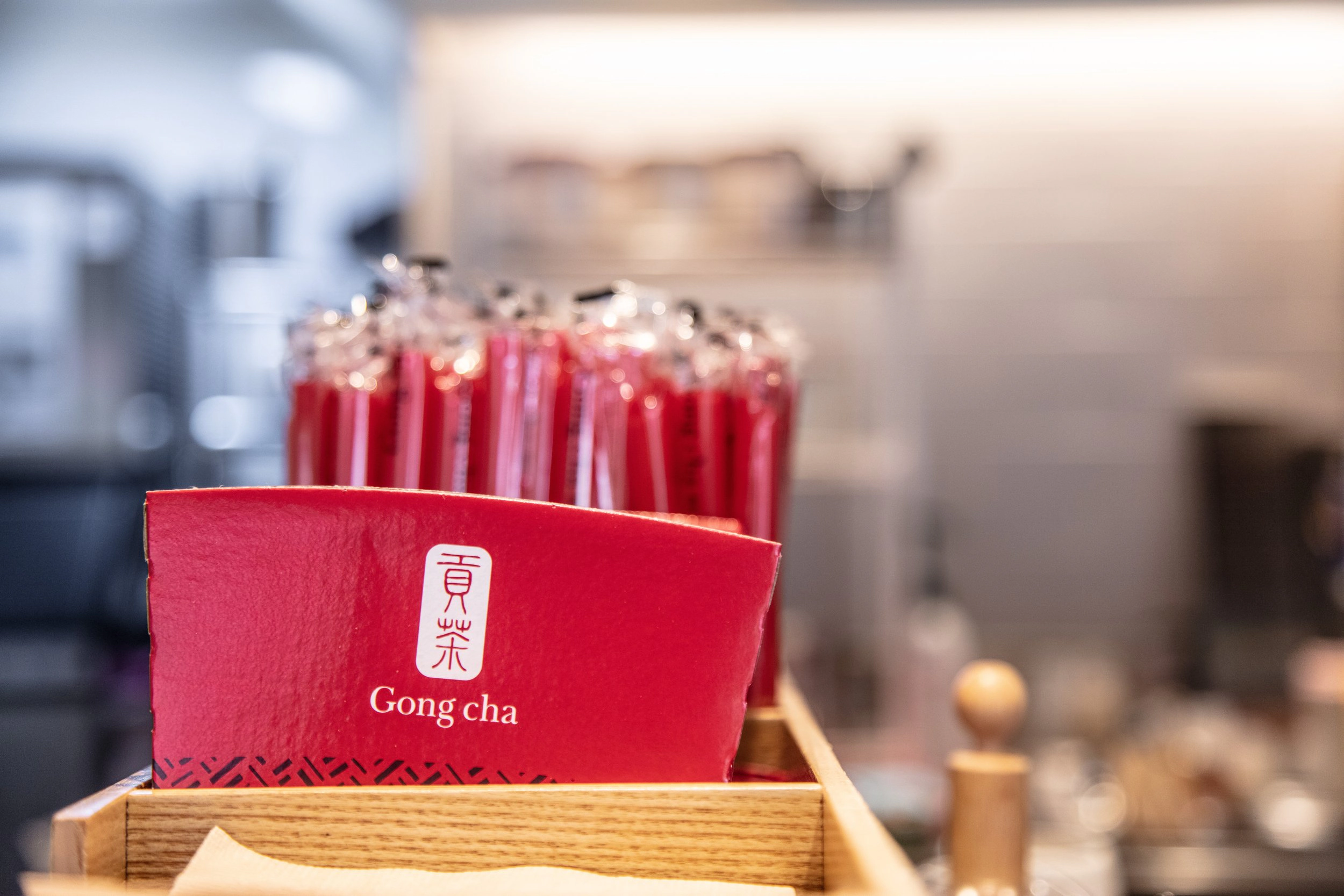 Branded straw boxes at the counter
