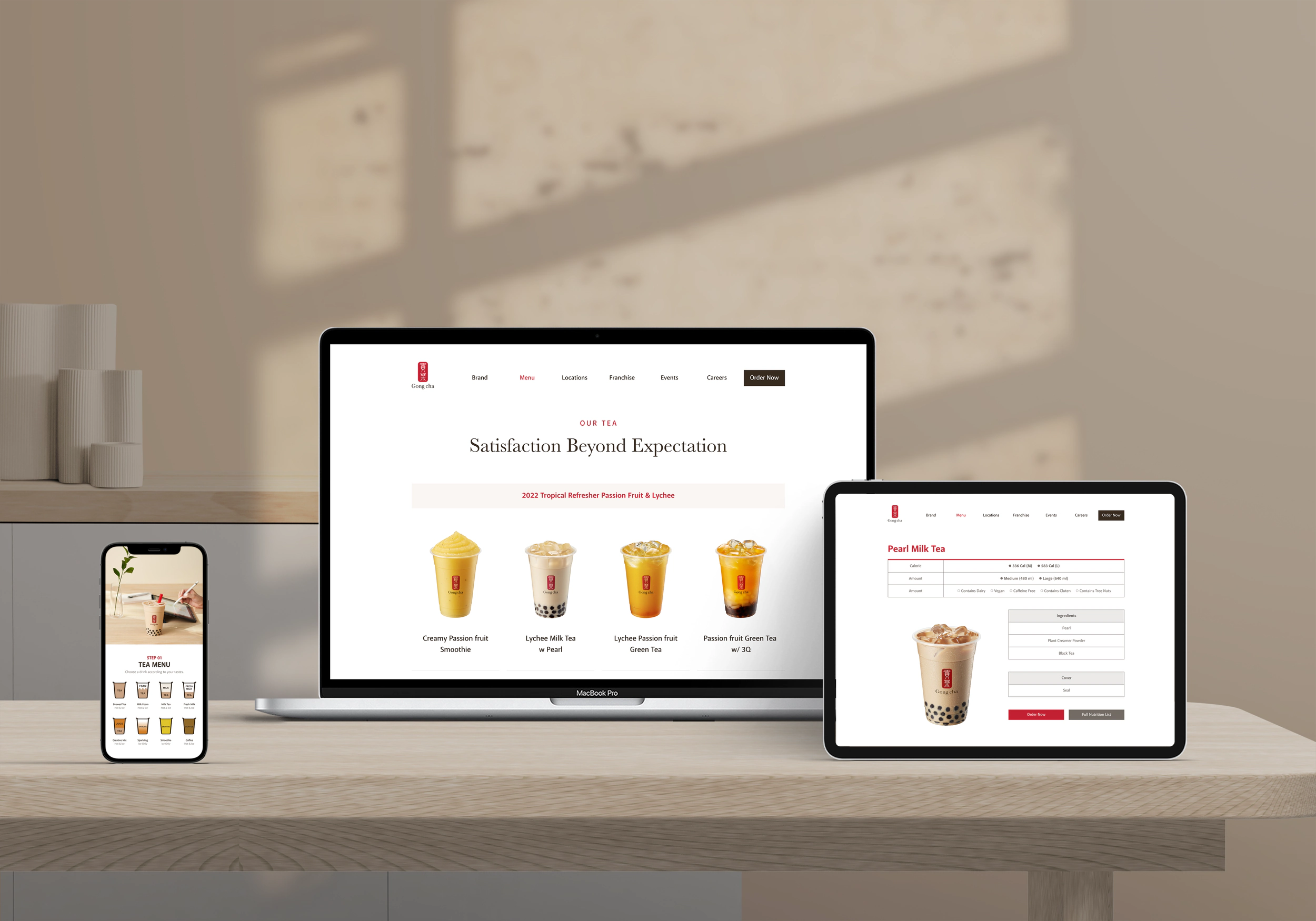 Menu pages on laptop, tablet and phone