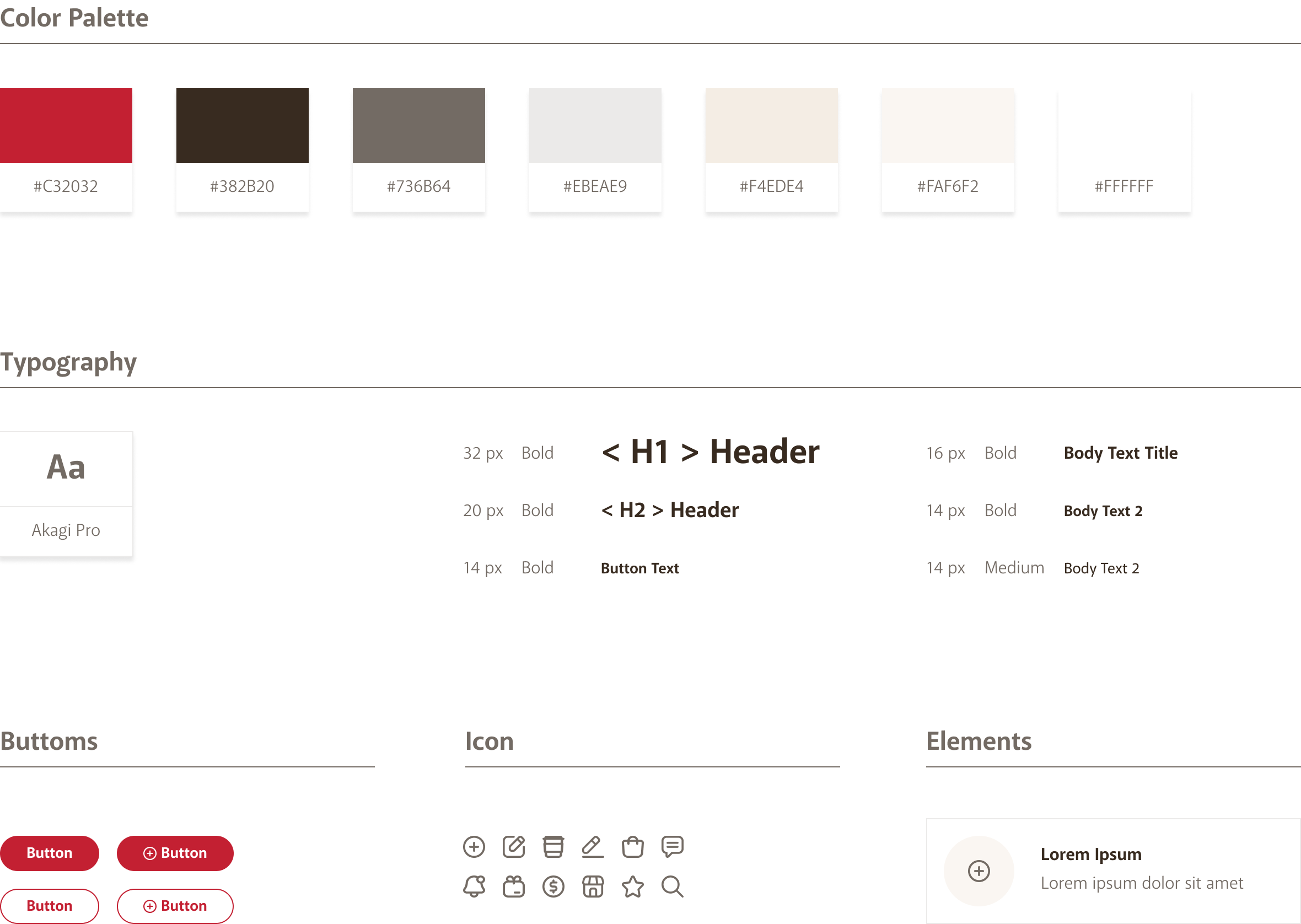 UI kit: color palette, Akagi Pro typography, buttons, icons and elements