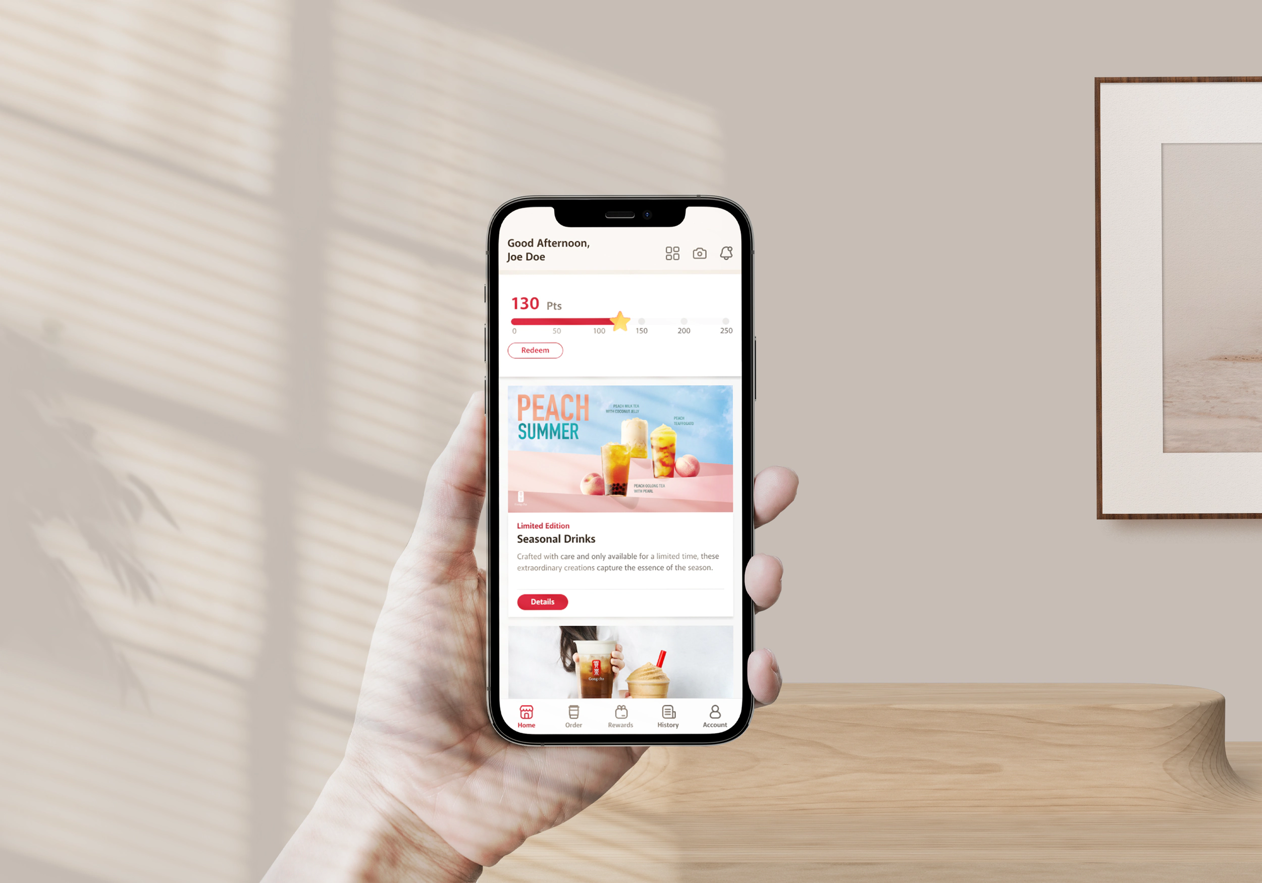Gong cha app home screen on a phone: points progress bar and the seasonal Peach Summer campaign