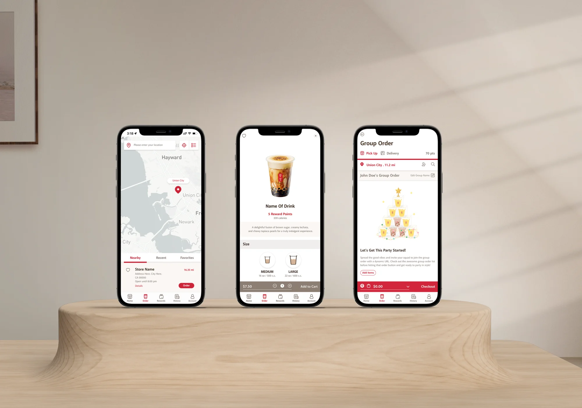 Three screens side by side: store map, product detail with size options, and a group order