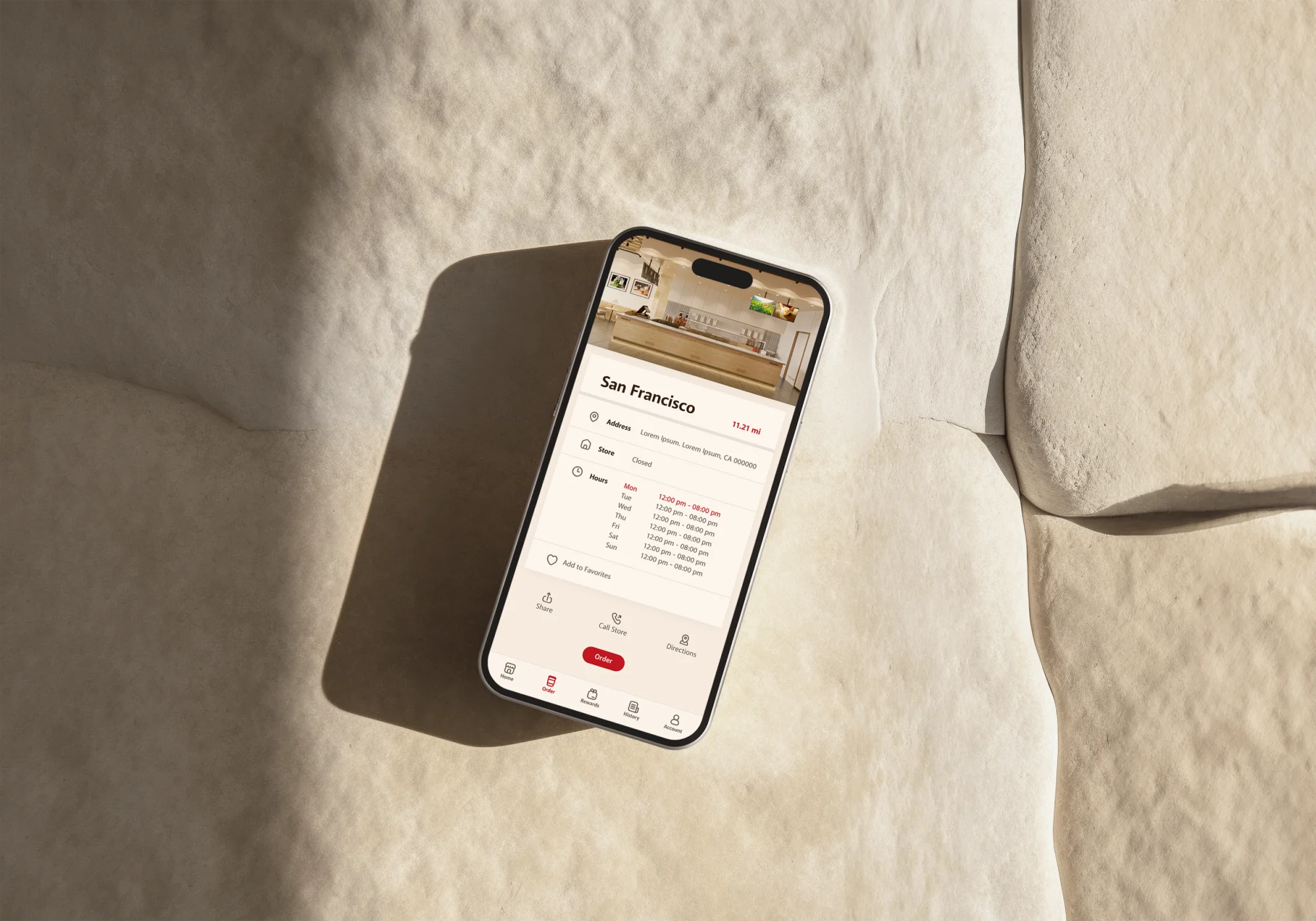 Store page listing hours, distance and an order entry point