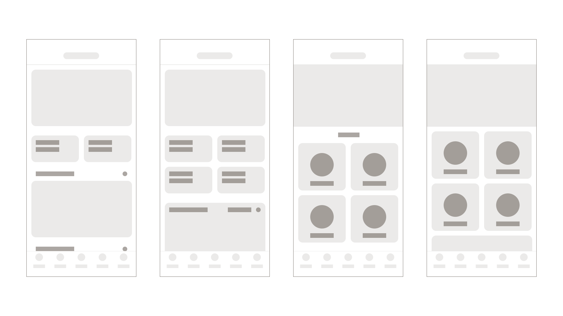 Four lo-fi wireframes exploring different home-screen layouts