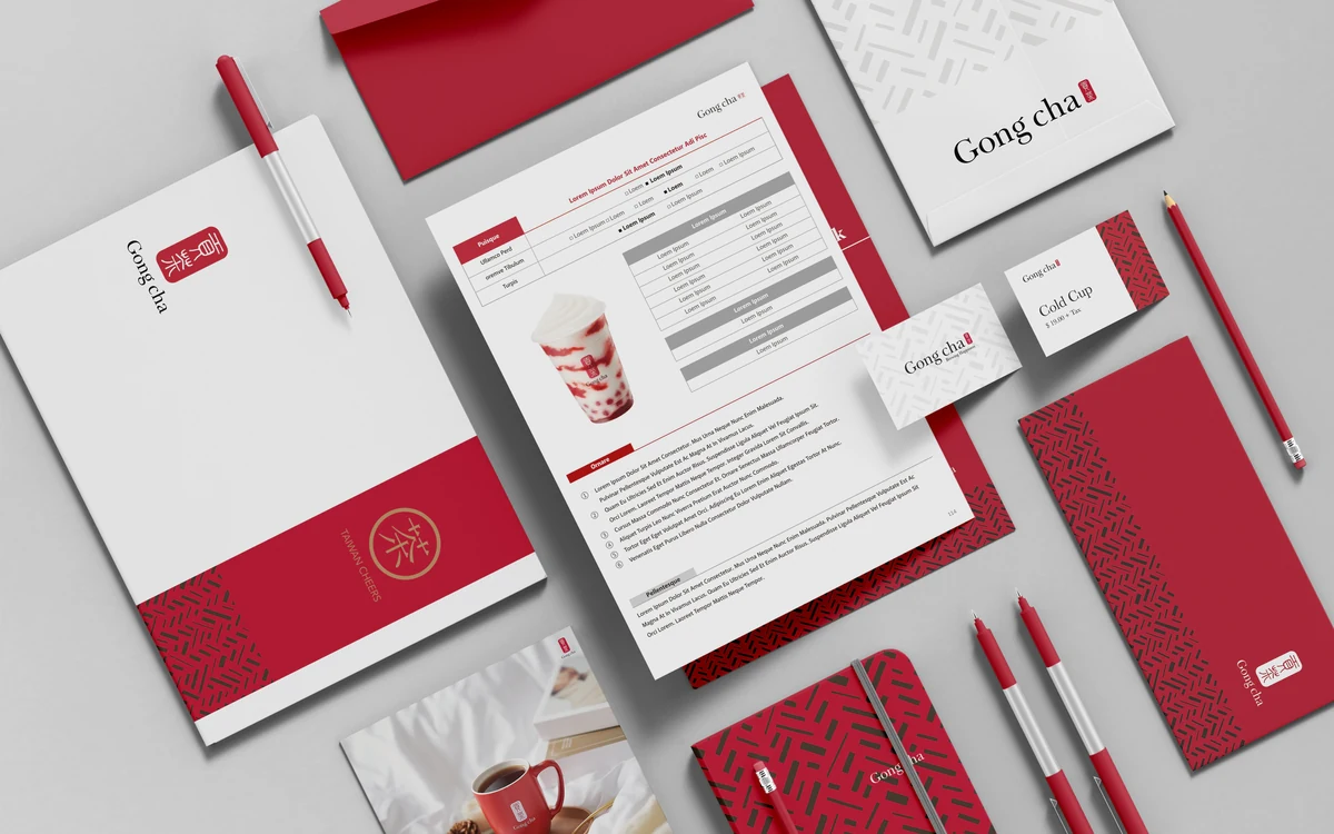 Gong cha US brand stationery &mdash; folder, order form, business cards, notebooks and pens in brand red