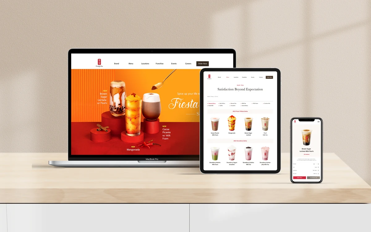 Gong cha US website Fiesta campaign shown on a laptop, tablet and phone