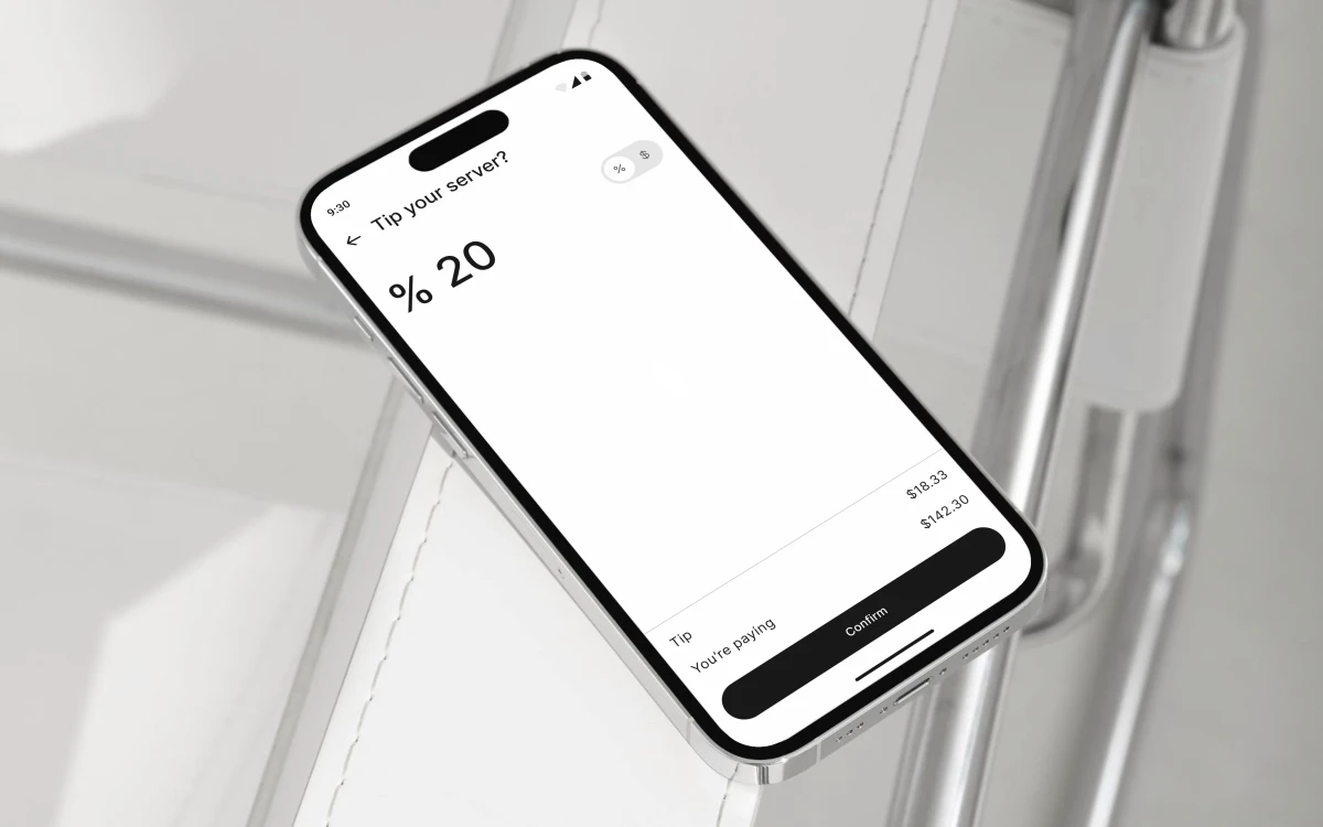The Points Alliance app at the tip step of checkout &mdash; a 20% tip on a $142.30 bill, ready to confirm